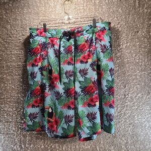 Hreski Swim Trunks Men 42 Blue Green Toucan Tropical Hawaiian Lined Polyester